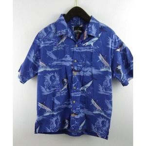 Fins Swordfish Fish Prints Blue Short Sleeve Button Up Collared Shirt XL